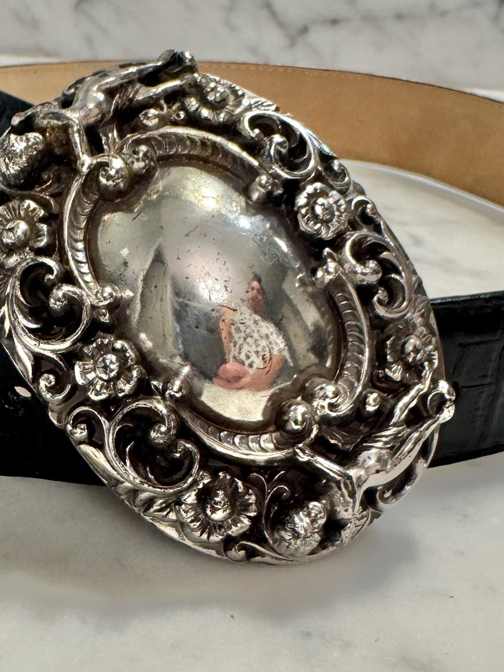 Brighton Silver Ornate Floral Oval Belt Buckle on Black Belt